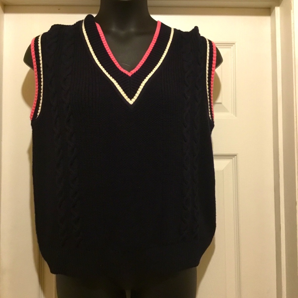 Talbots Cable Knit Navy Blue V-Neck Chunky Sweater with Pink and White Trim